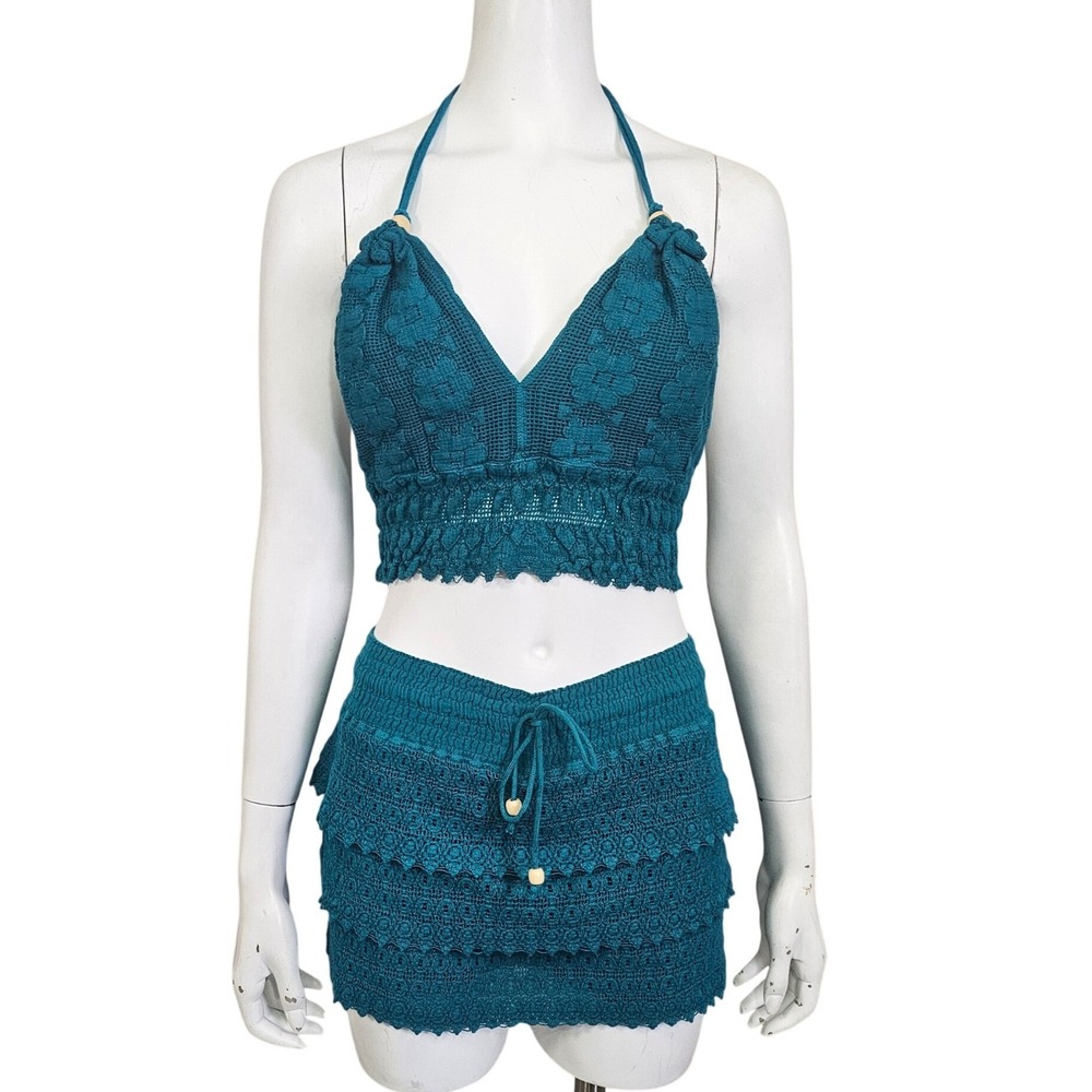 Boho Crochet Halter Crop Top Mini Skirt Set Teal Y2K Festival Beach OS‎
